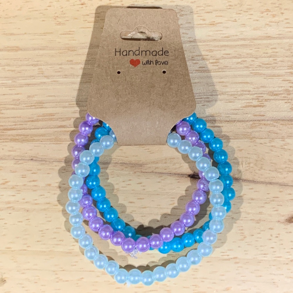 Handmade Stretch Bracelet Women OS 3pc Faux Pearl Beaded Mermaidcore Blue Purple